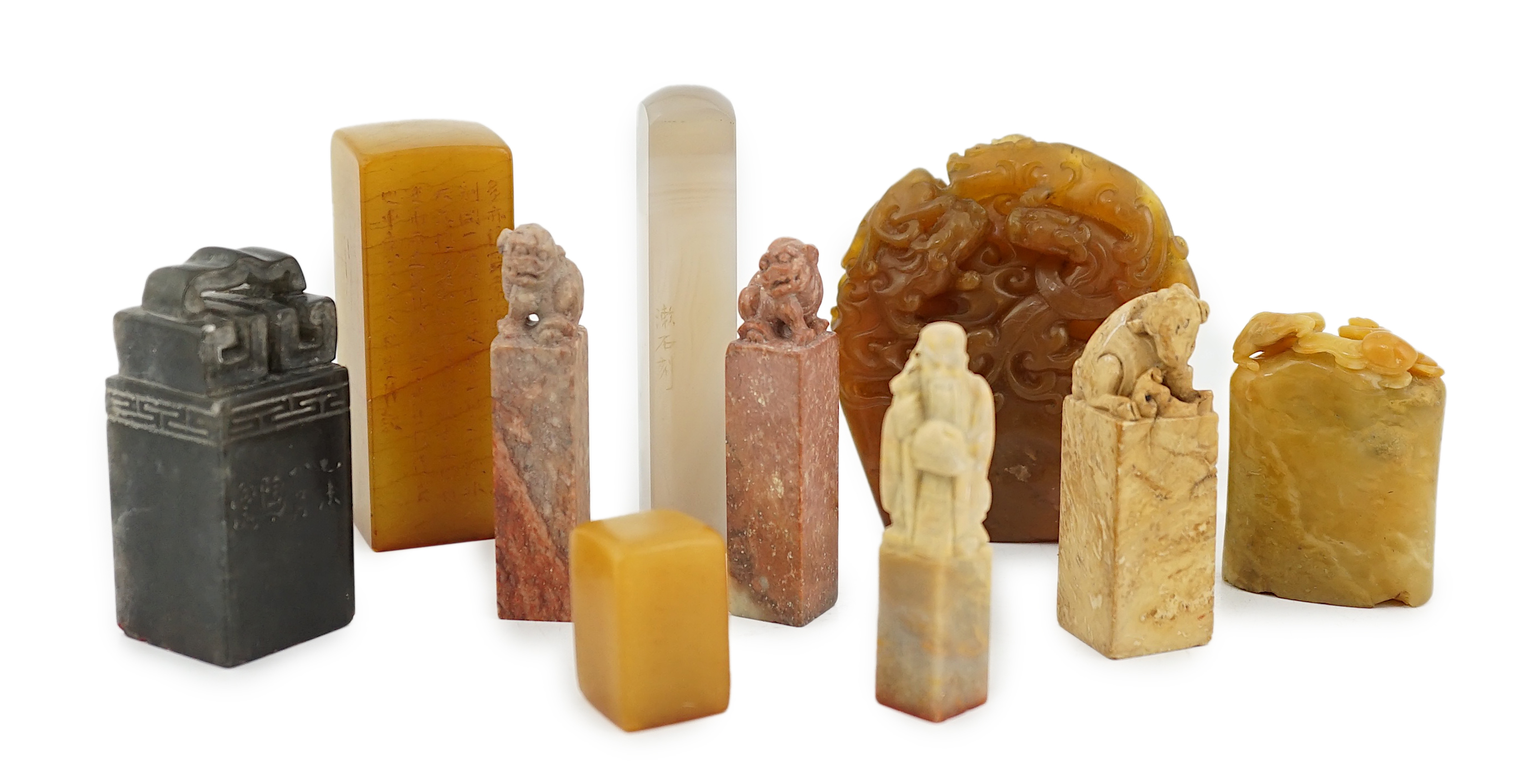 A group of nine Chinese soapstone literati seals, and a similar example in agate